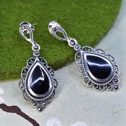 sterling 925 silver earrings, teardrop black onyx and marcasite, southwestern