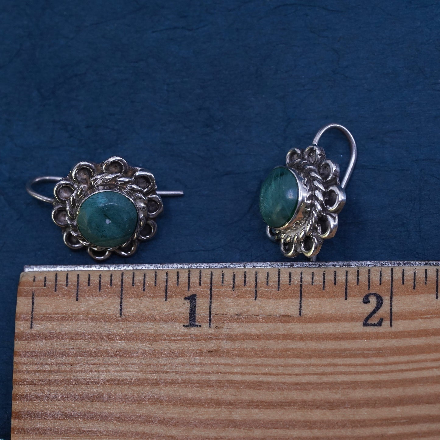 Vintage Mexican sterling silver handmade earrings, 925 dangles round malachite