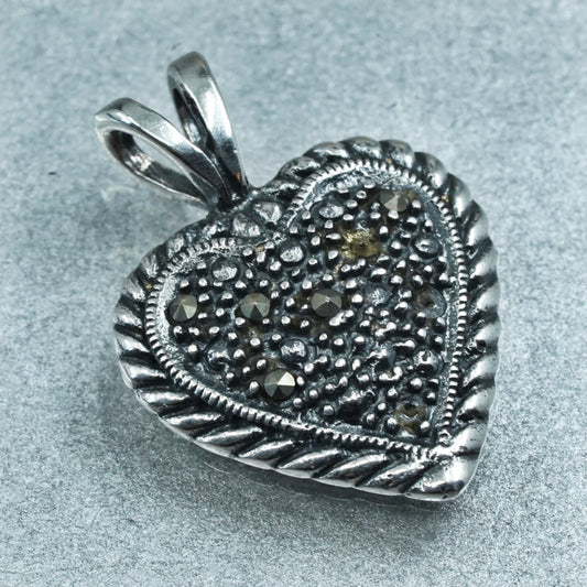 vintage sterling 925 silver heart pendant with marcasite