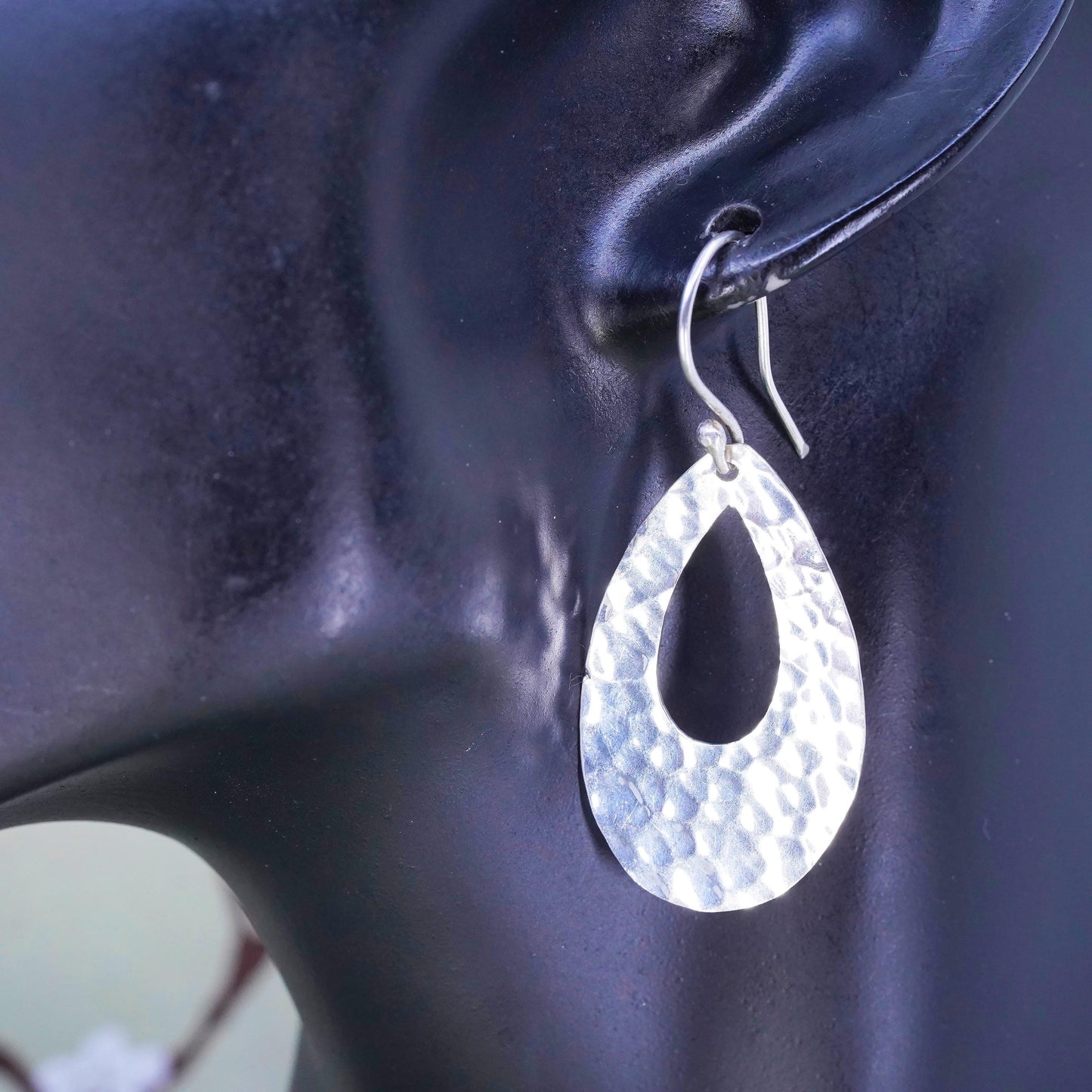 Vintage sterling silver handmade earrings, 925 teardrop with hammered texture