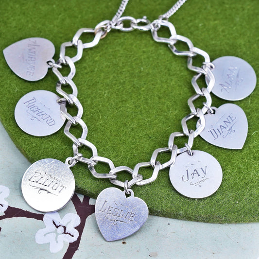 6.75" sterling silver bracelet, 925 curb link chain with charms embossed names