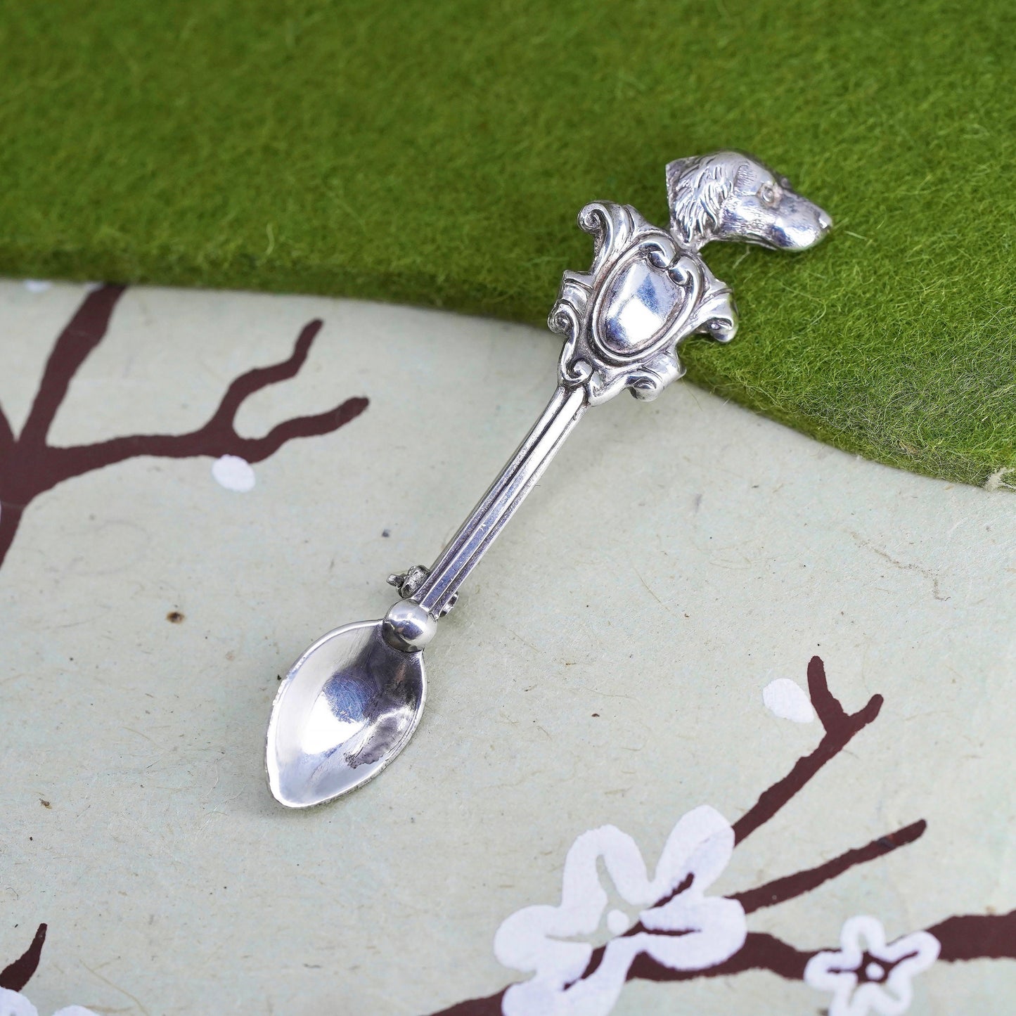 Vintage sterling silver handmade brooch, 925 dog spoon pin