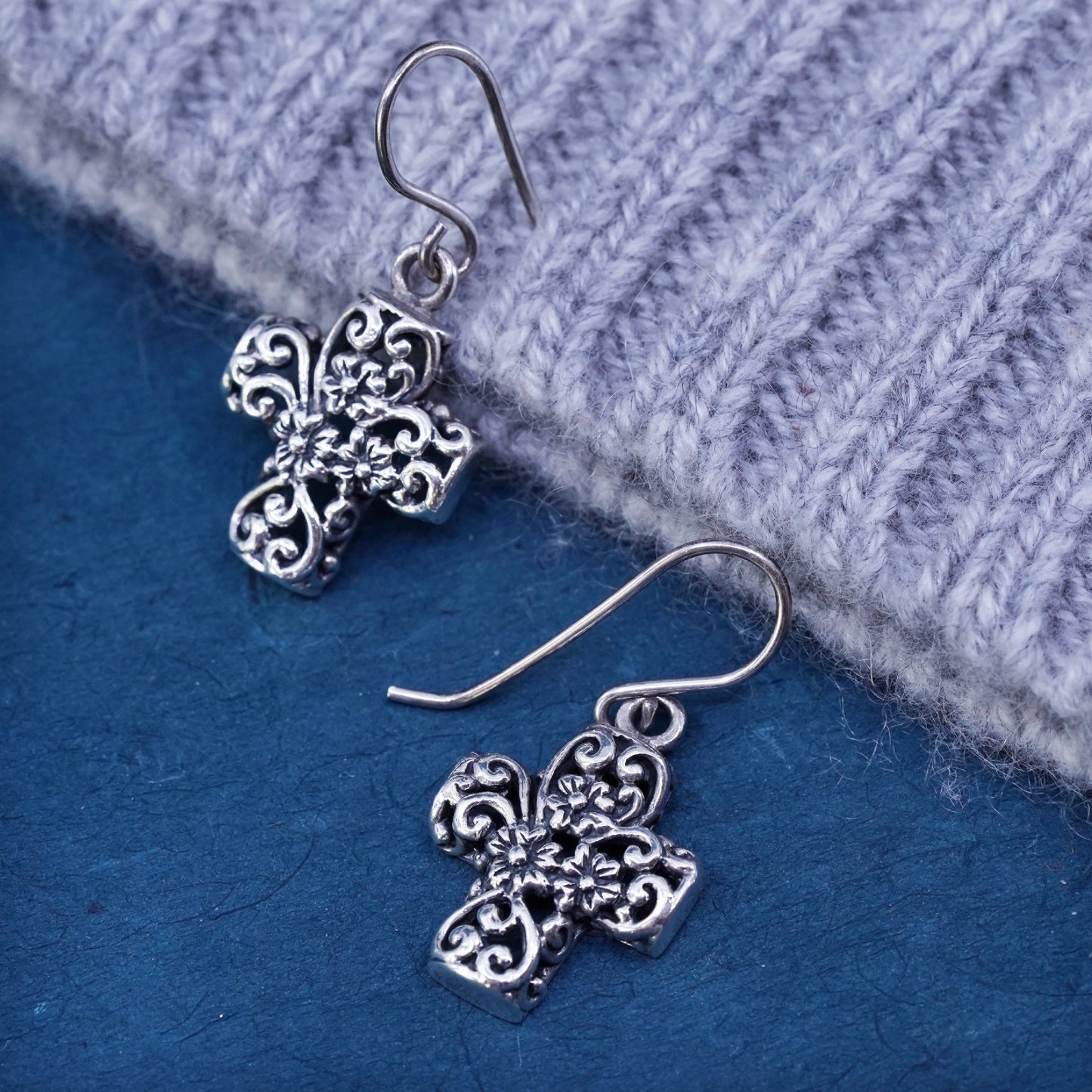 Vintage Sterling silver handmade earrings, 925 Bali filigree cross drops