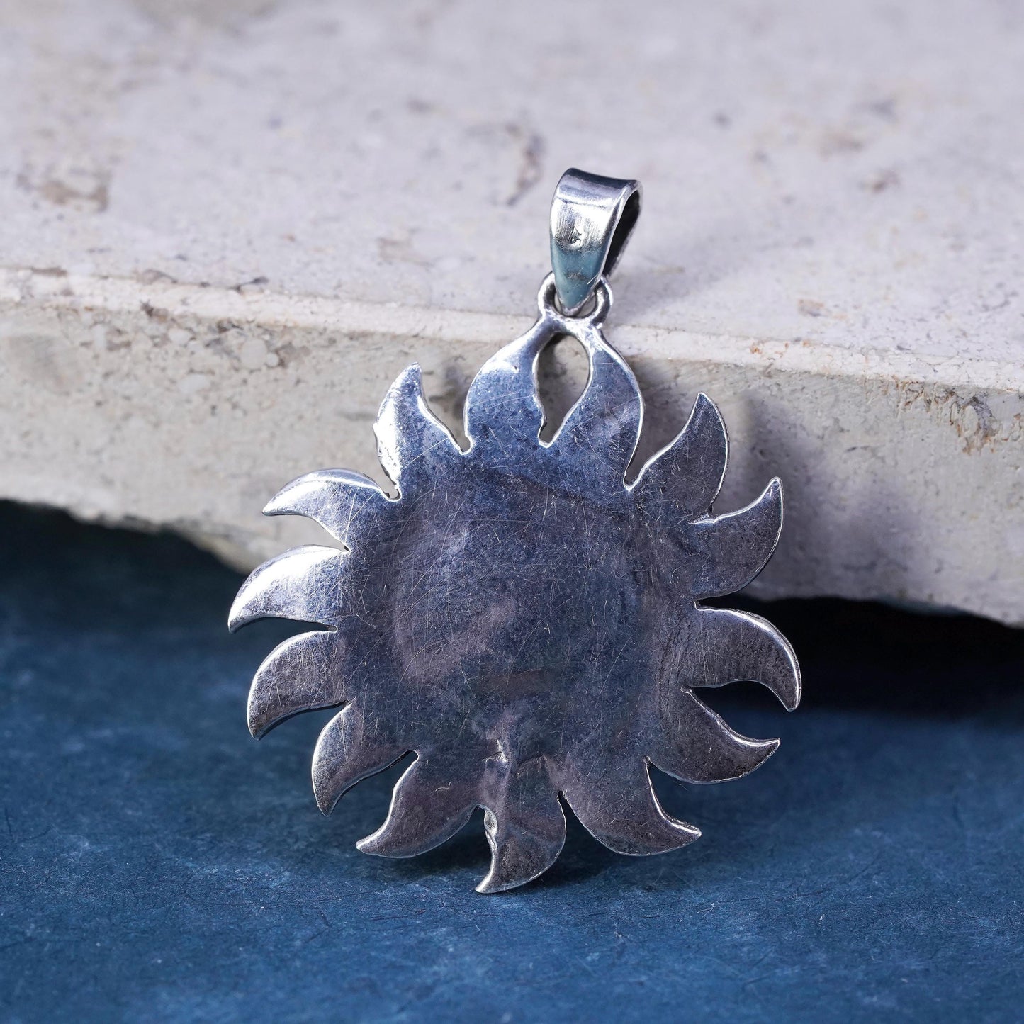 Vintage Sterling 925 silver handmade sun pendant with amber