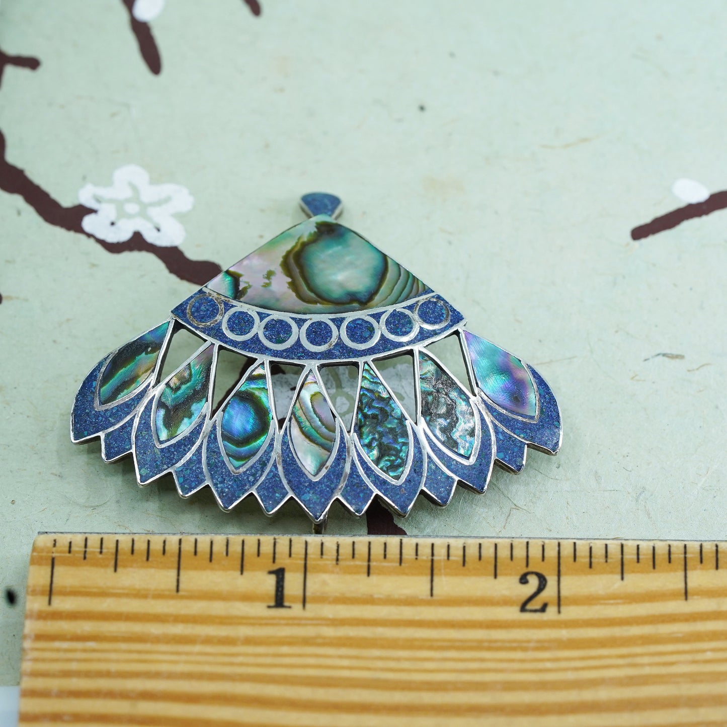 vintage Sterling silver handmade pendant brooch, 925 fan brooch with abalone