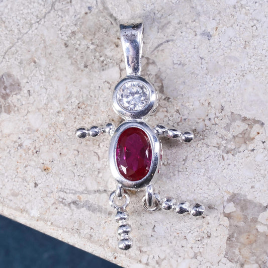 Sterling silver handmade birthstone pendant, 925 boy figure with ruby