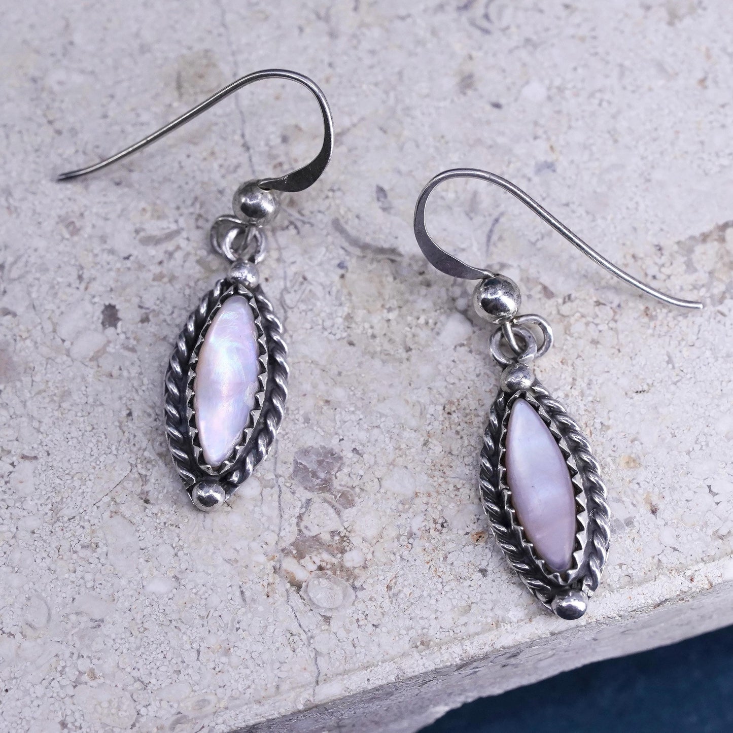 Vintage sterling silver handmade earrings, 925 dangles w/ pink mother of pearl