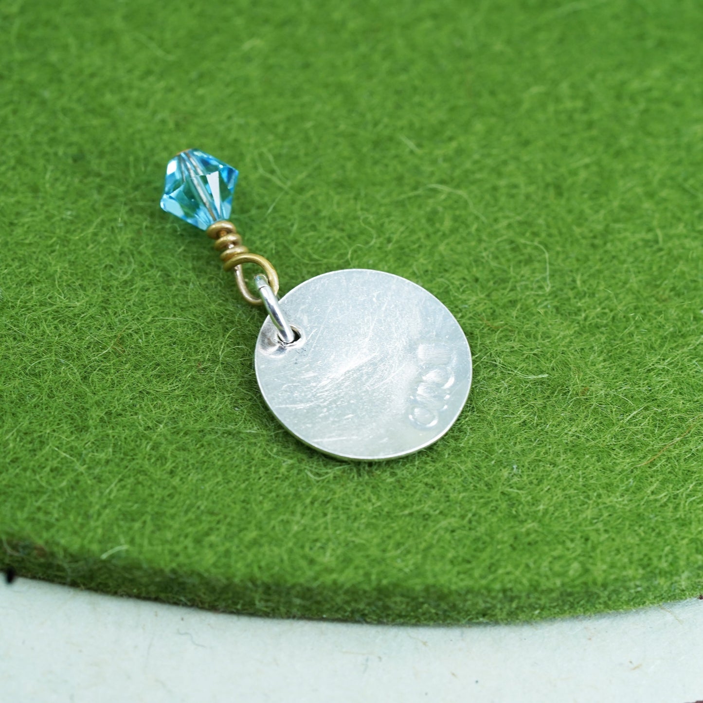 sterling silver handmade pendant, 925 tag charm with “Bella” and blue crystal