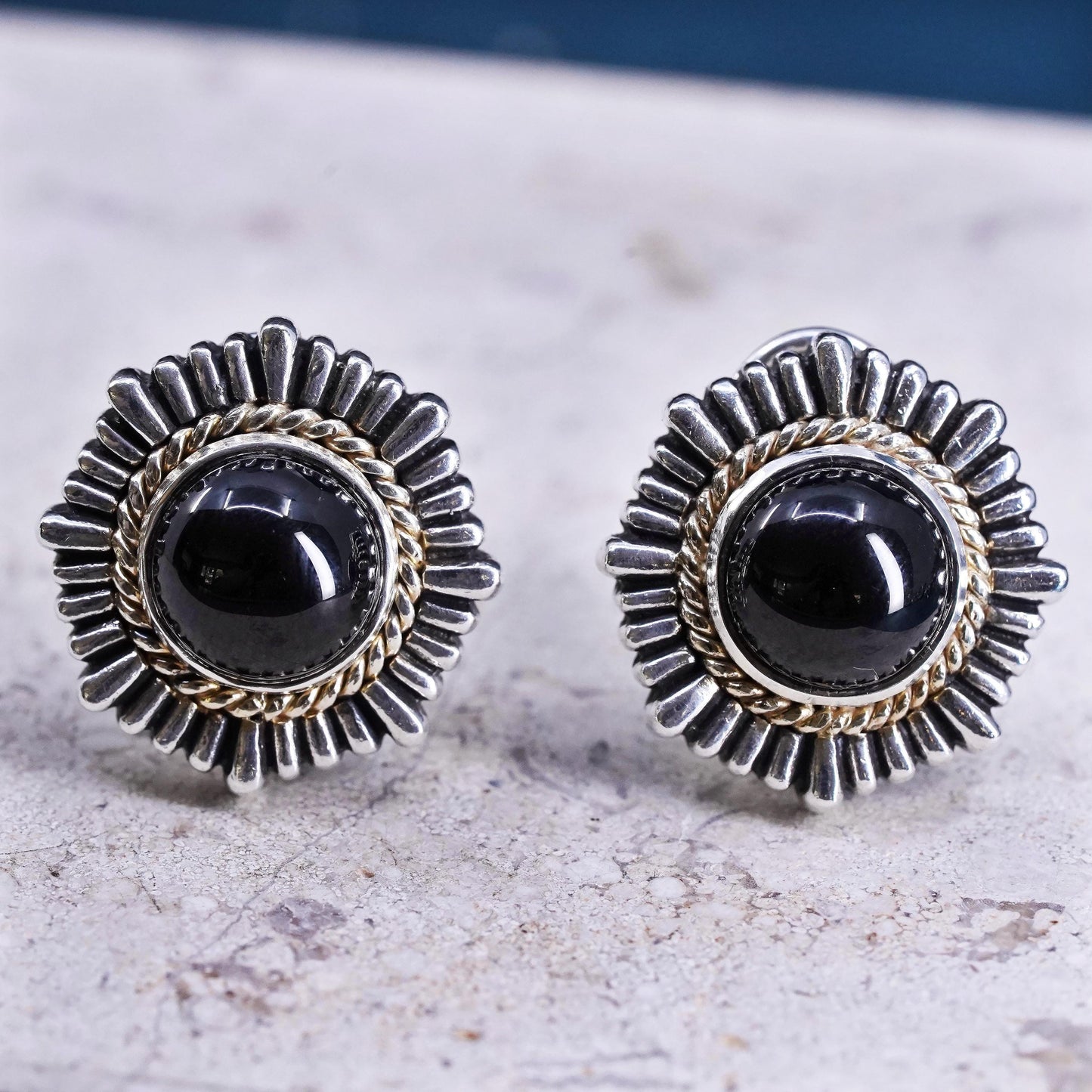 sterling silver earrings, 925 studs with onyx inlay and 14K yellow gold cable