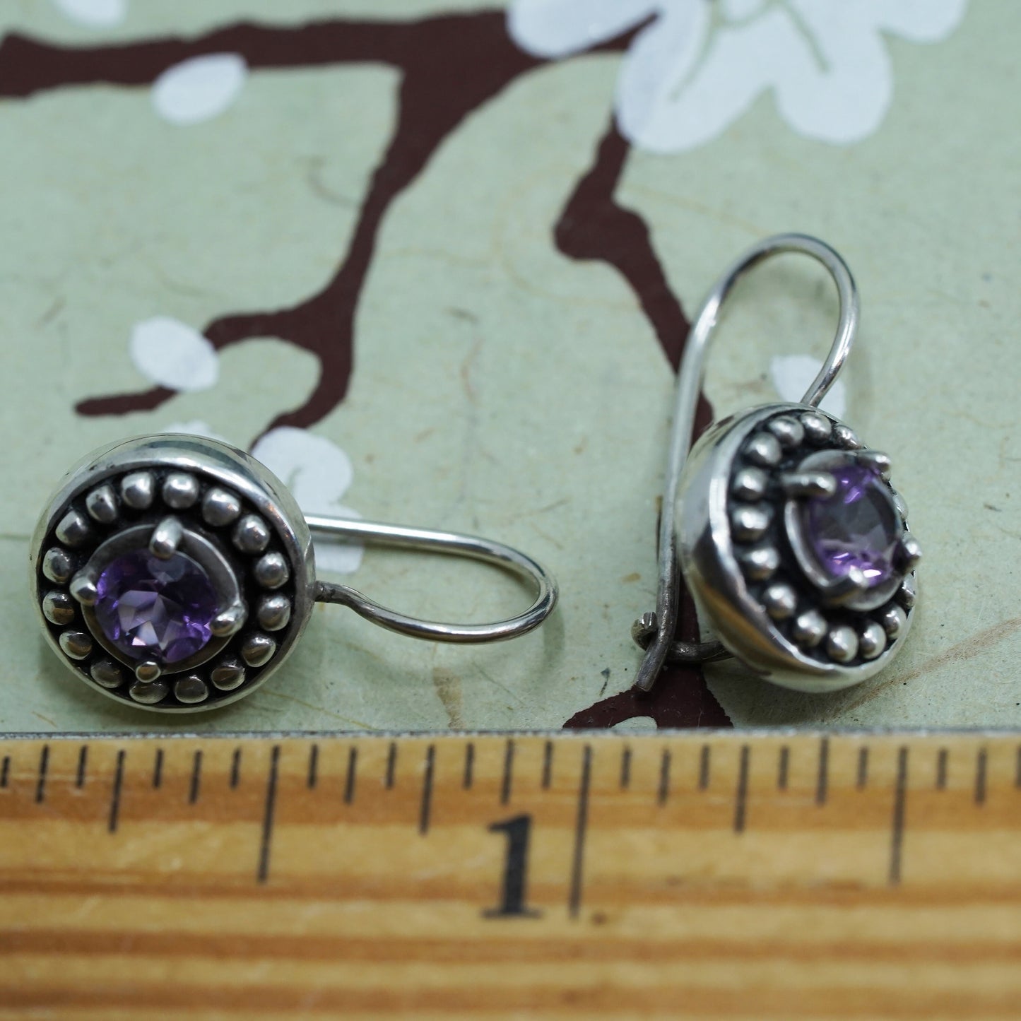 Vintage Sterling 925 silver handmade earrings with circle amethyst and beads