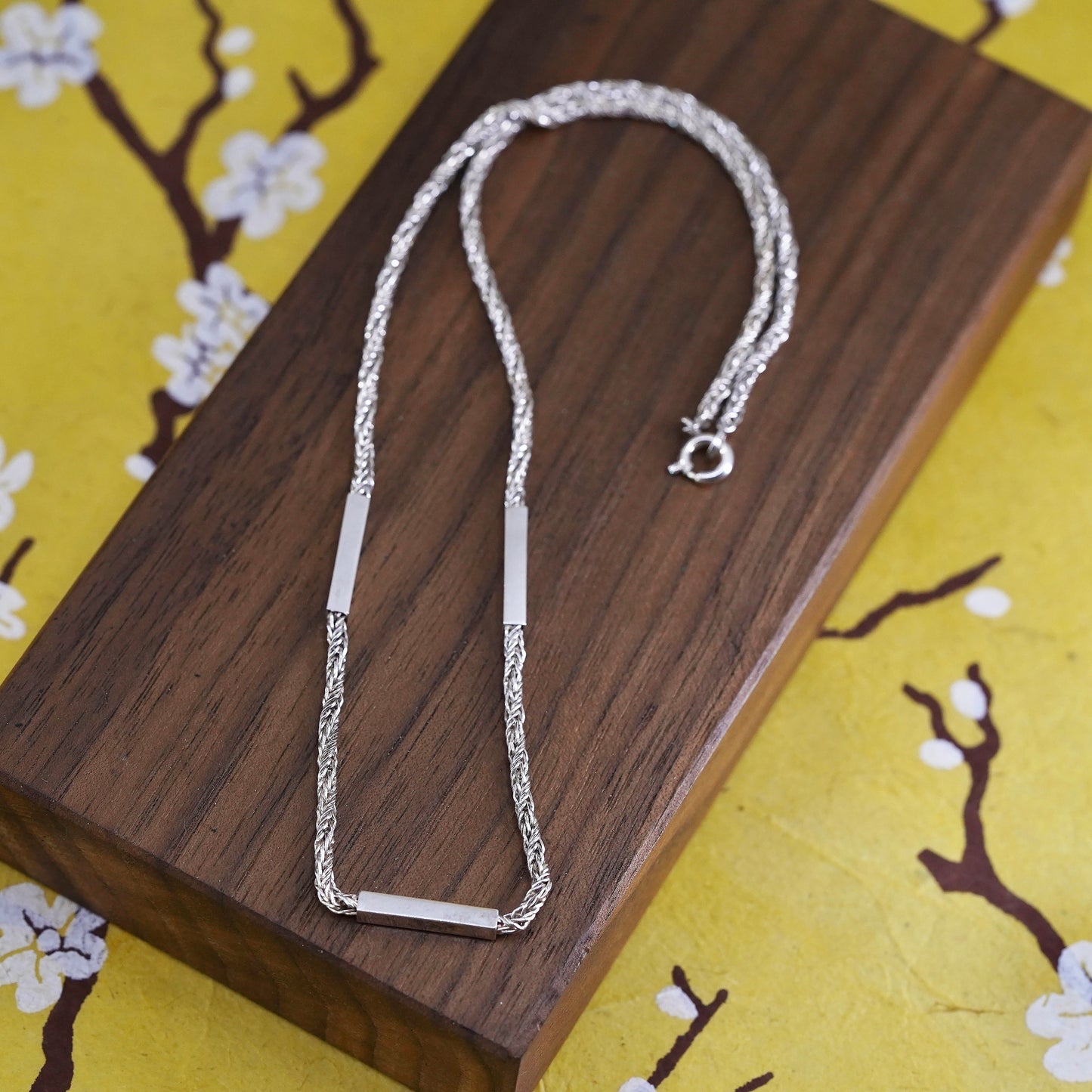 15” Sterling silver handmade necklace, 925 silver wheat chain with tube bar