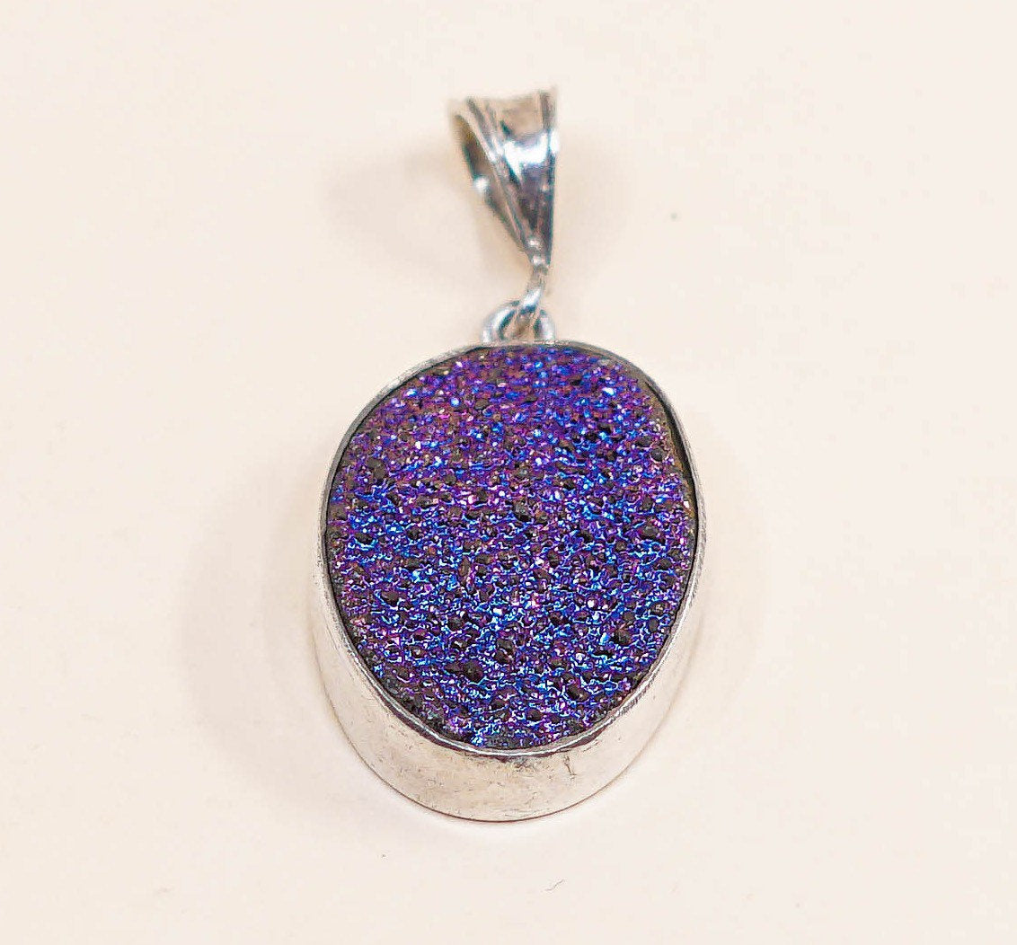 VTG handmade sterling silver pendant, Mexico 925 w/ oval blue N purple druzy