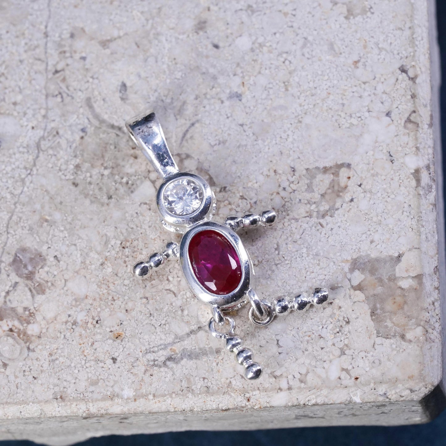 Sterling silver handmade birthstone pendant, 925 boy figure with ruby