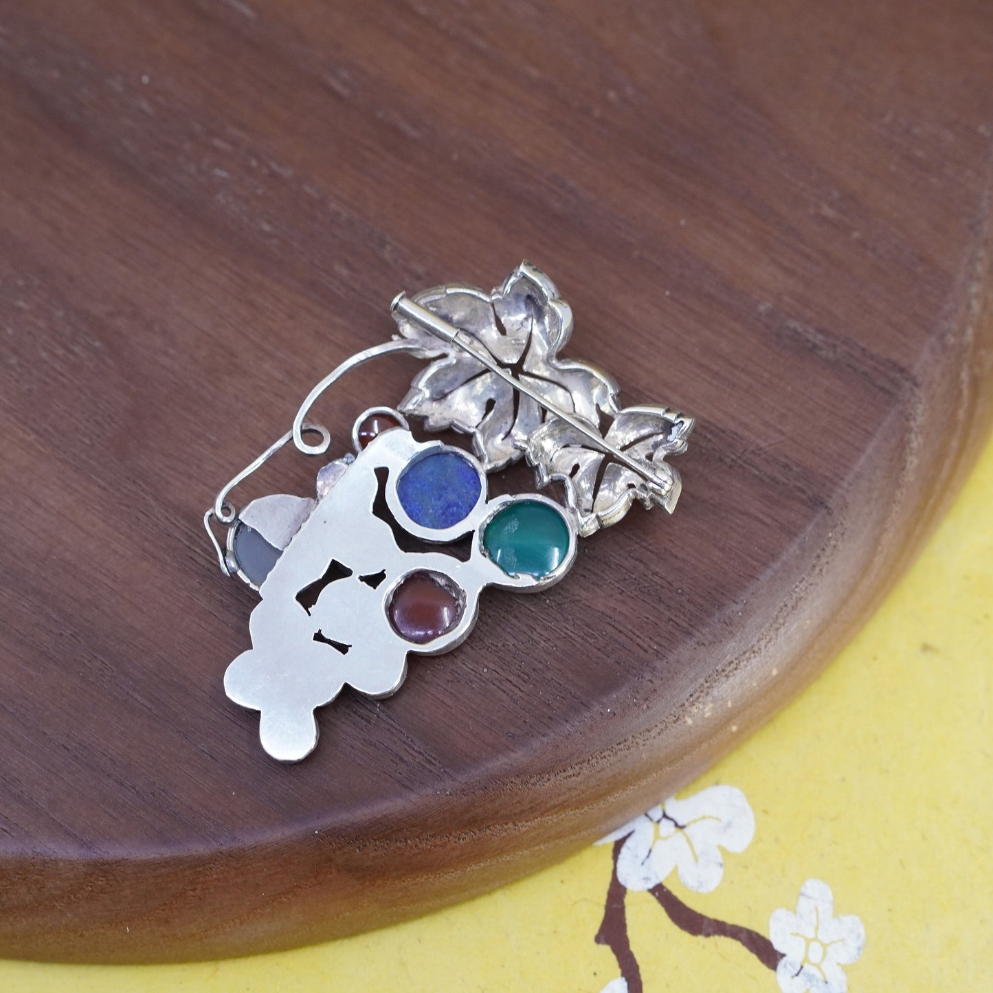 sterling 925 silver grapes vine brooch carnelian lapis jade rutilated quartz