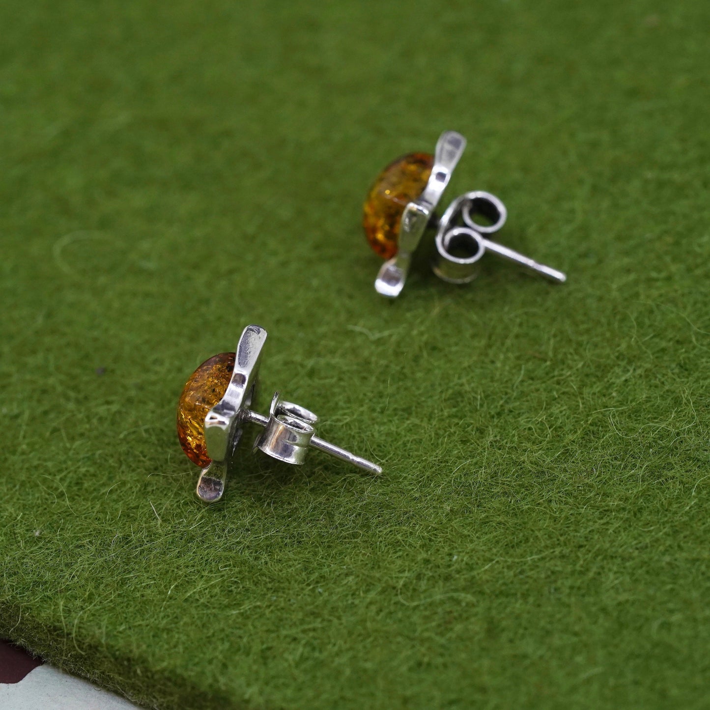 Vintage Sterling 925 silver handmade earrings with square amber studs