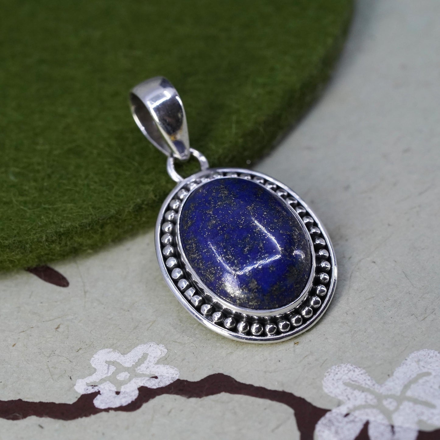 Vintage Sterling silver 925 handmade pendant, with oval lapis lazuli and beads