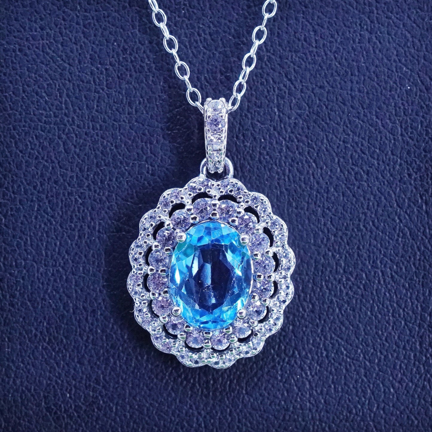 18”, Sterling silver necklace, 925 circle link chain with blue topaz pendant