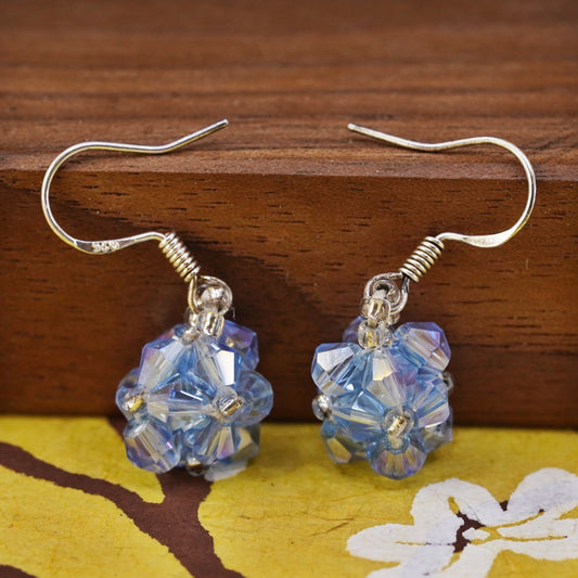 Vintage Sterling silver handmade earrings, 925 hooks with blue crystal beads