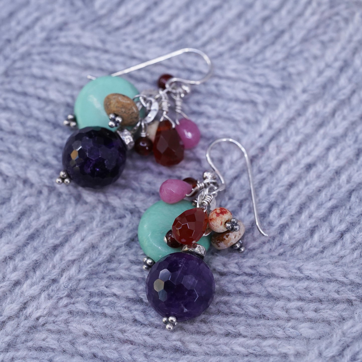 VTG sterling 925 silver handmade earrings with bead amethyst turquoise garnet