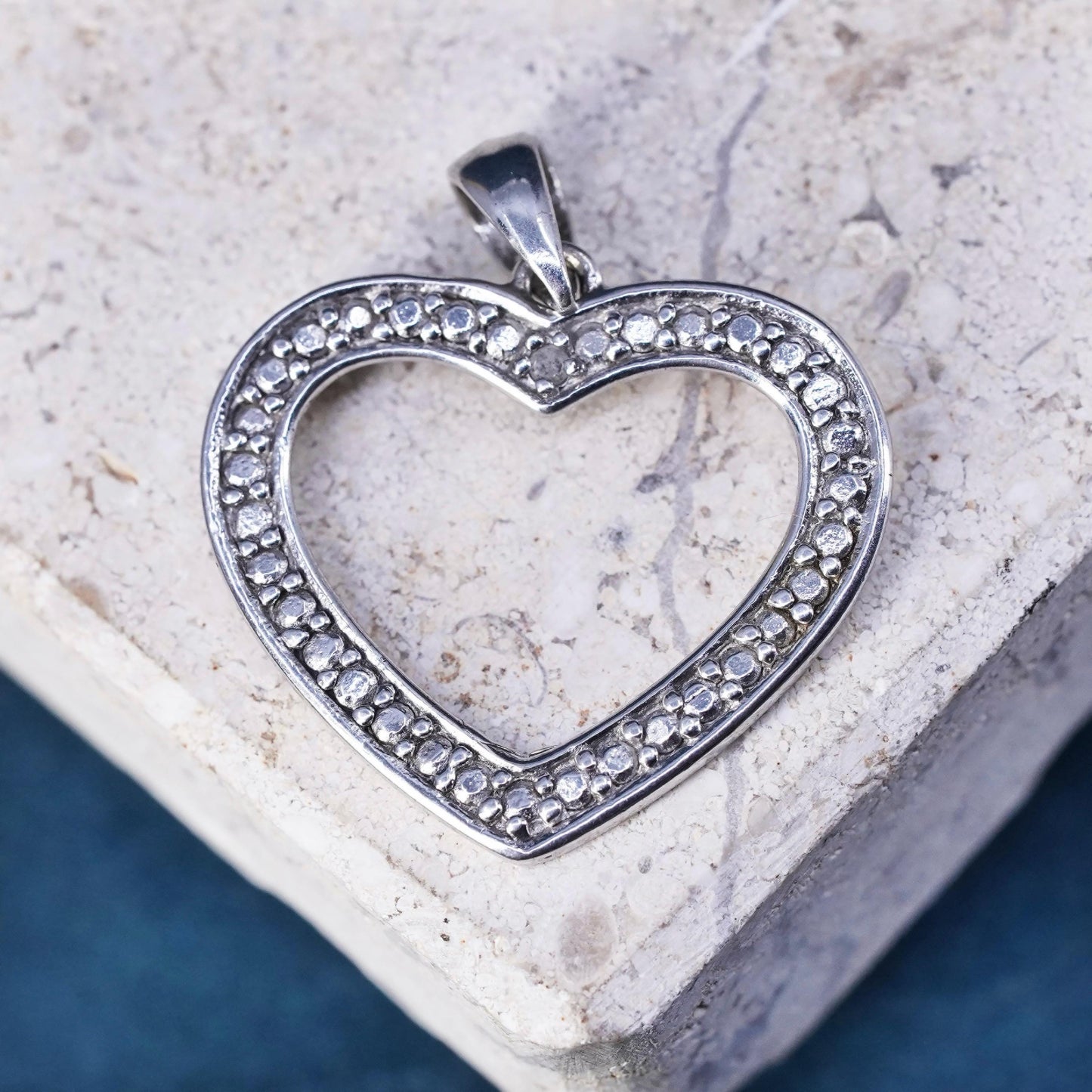 Vintage Sterling silver handmade pendant, 925 heart with genuine diamond