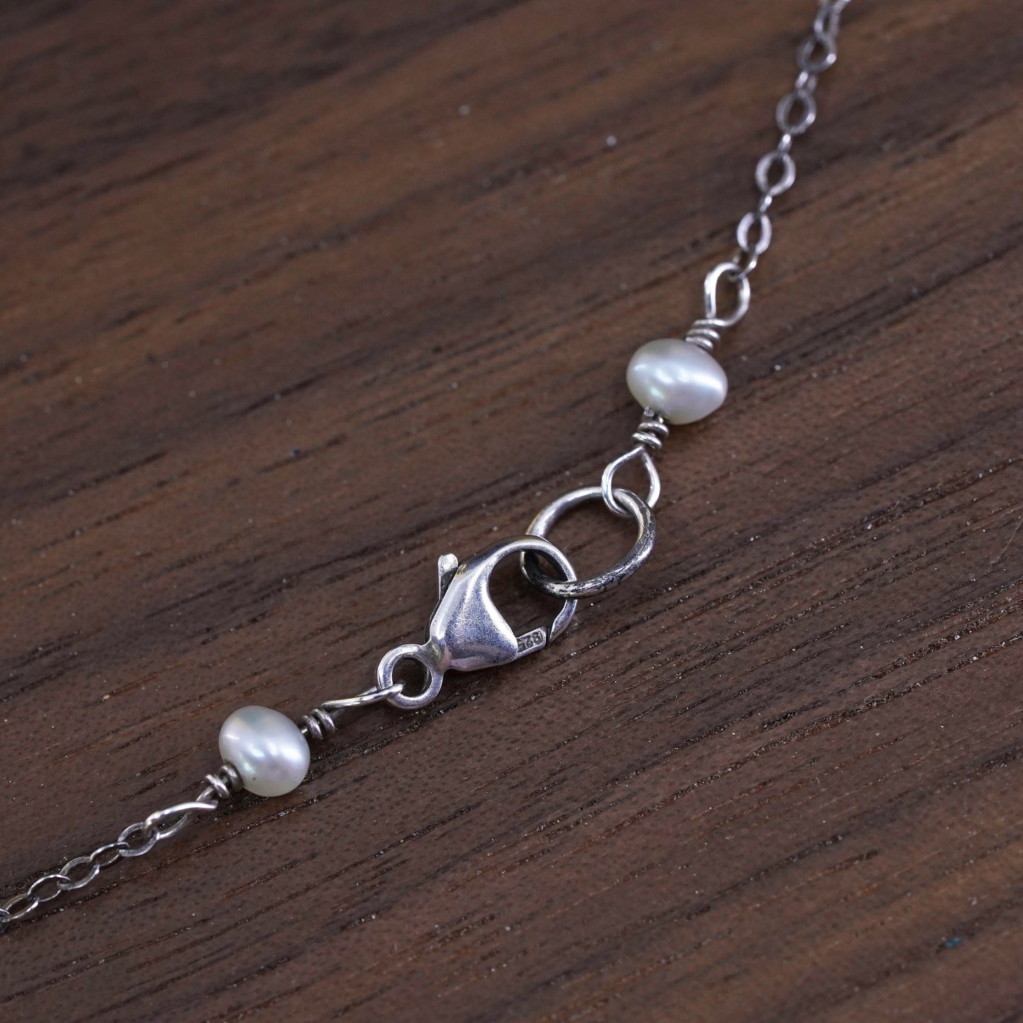 16", sterling silver handmade necklace, 925 flatten circle chain pearl pendant