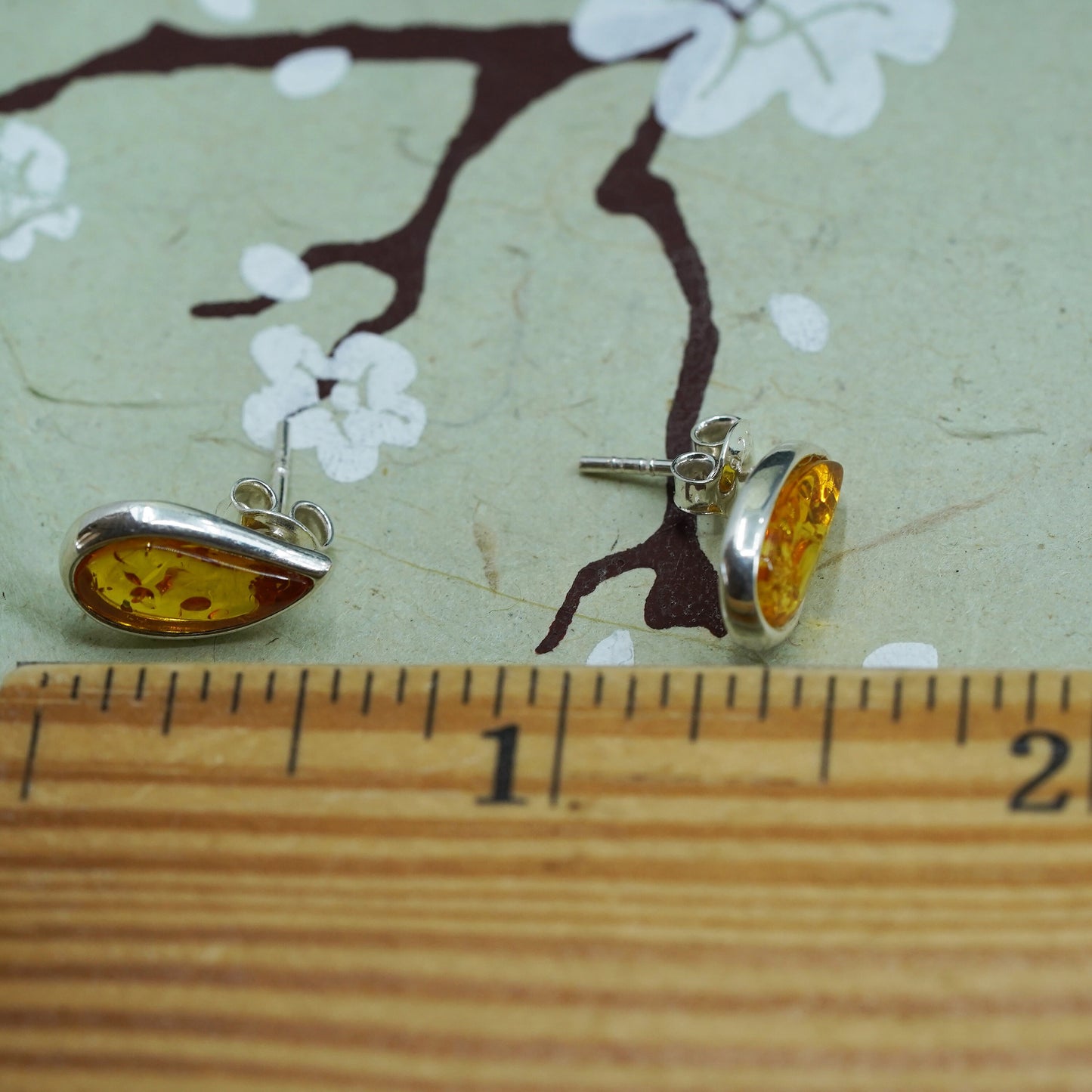 Vintage Sterling 925 silver handmade earrings with oval Amber studs