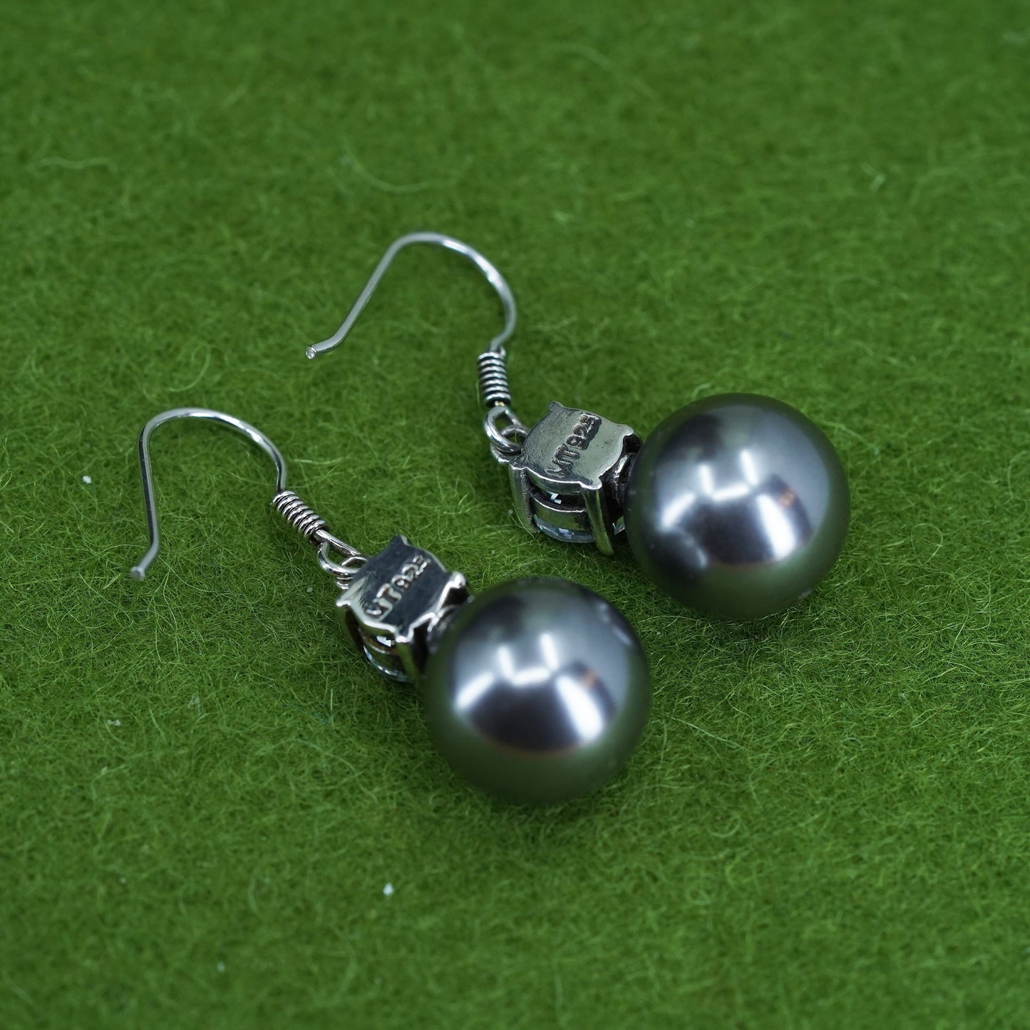 Vintage Sterling 925 silver handmade earrings with black pearl and cz