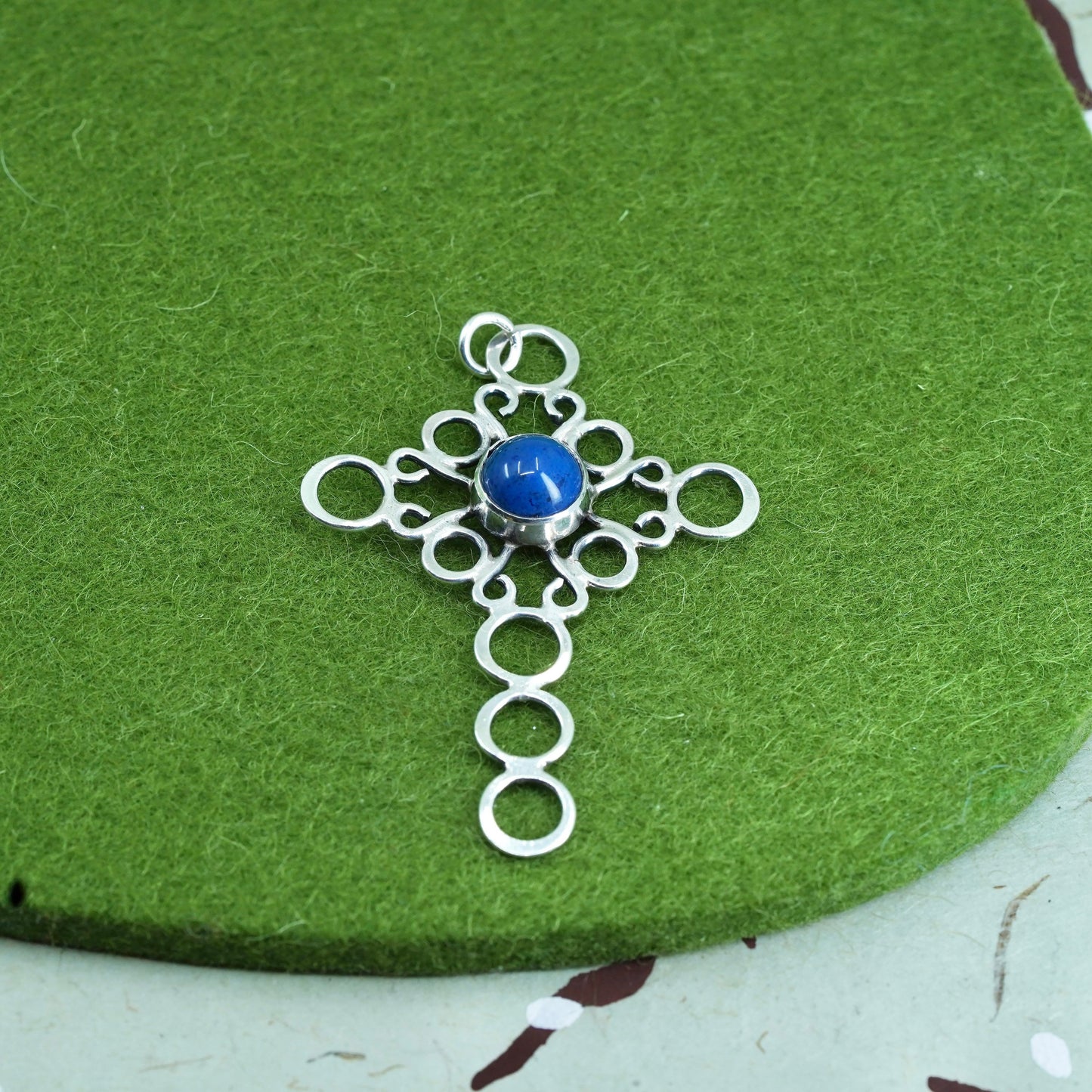 Vintage sterling silver 925 circle cross handmade pendant with blue jasper