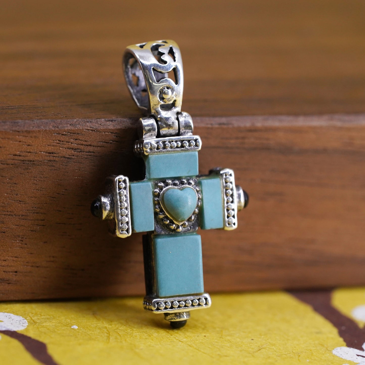 Sterling 925 silver double sided cross pendant, southwestern w/ turquoise onyx