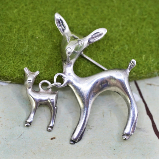 Vintage sterling silver handmade brooch, solid 925 silver deers, motherhood