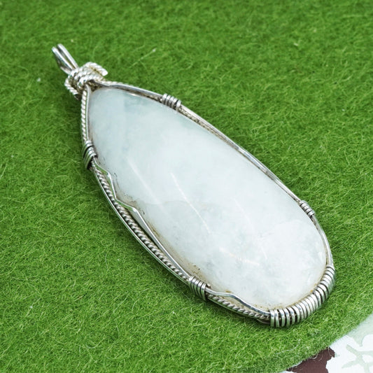 Vintage Sterling silver handmade pendant, 925 silver wired teardrop moonstone