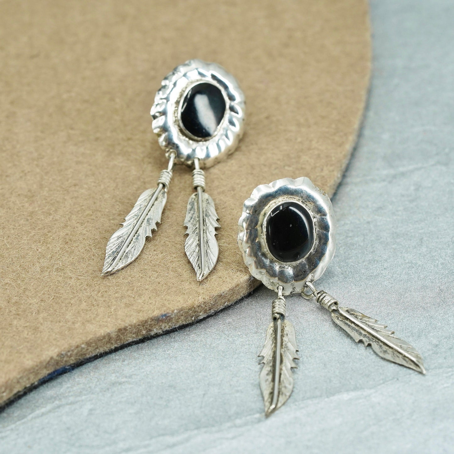 vintage Sterling silver earrings, 925 oval studs with onyx feather dangles