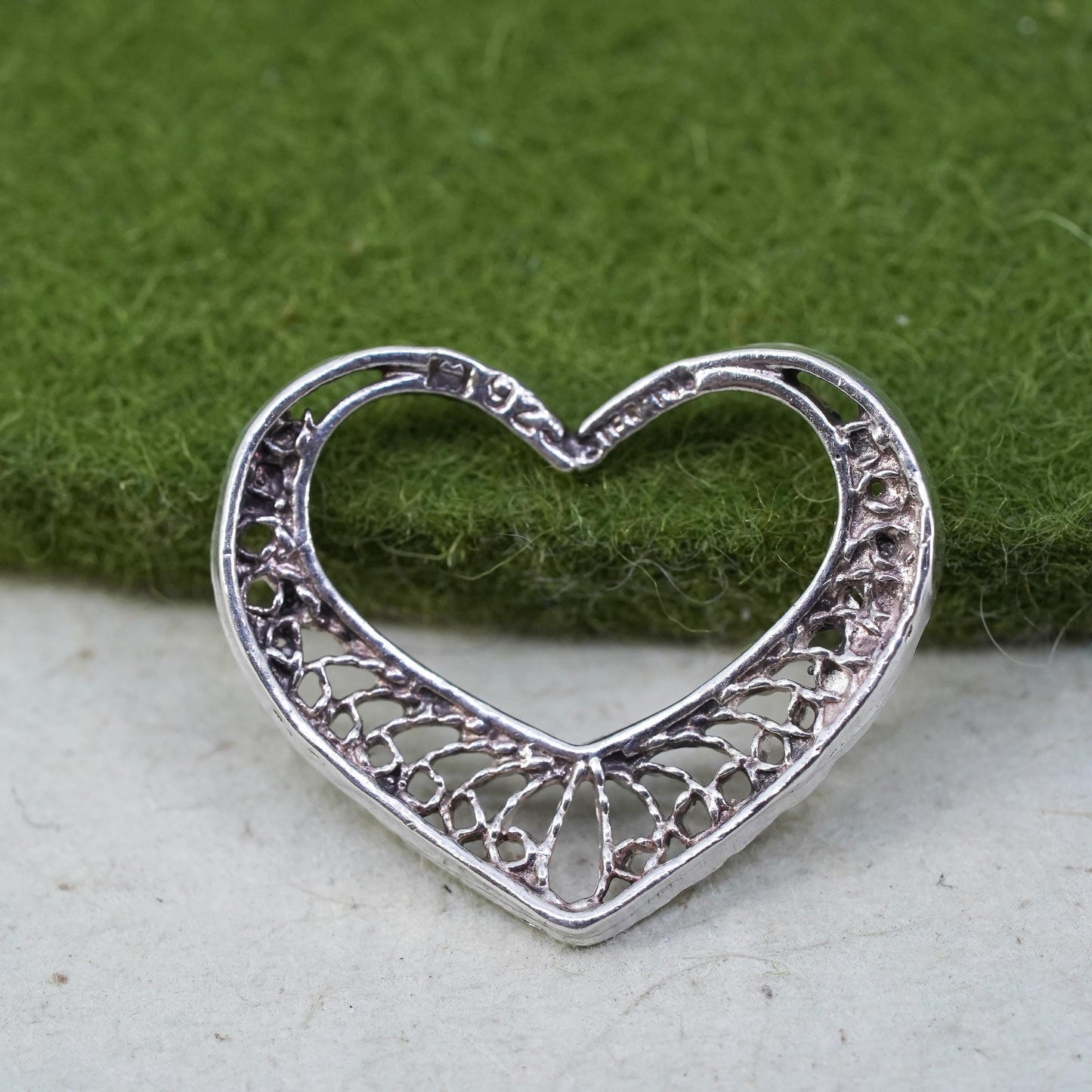 vintage sterling silver handmade pendant, 925 filigree heart charm