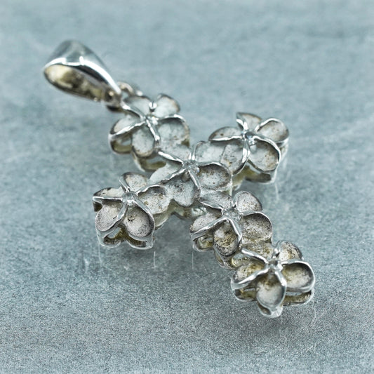 vintage sterling 925 silver plumeria flower cross pendant with diamond