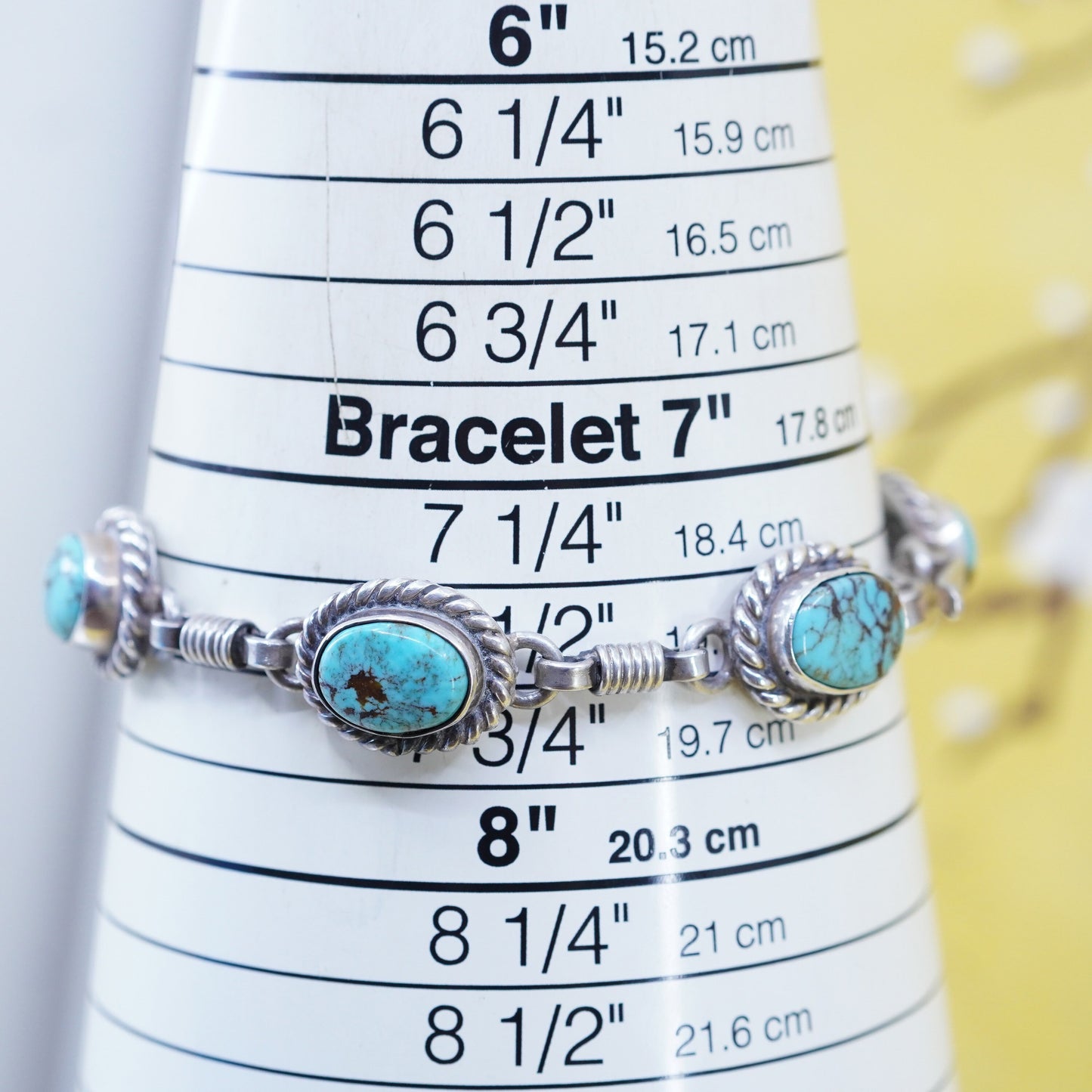 7.5”, southwestern Sterling 925 silver bracelet spiderwebbed turquoise cable