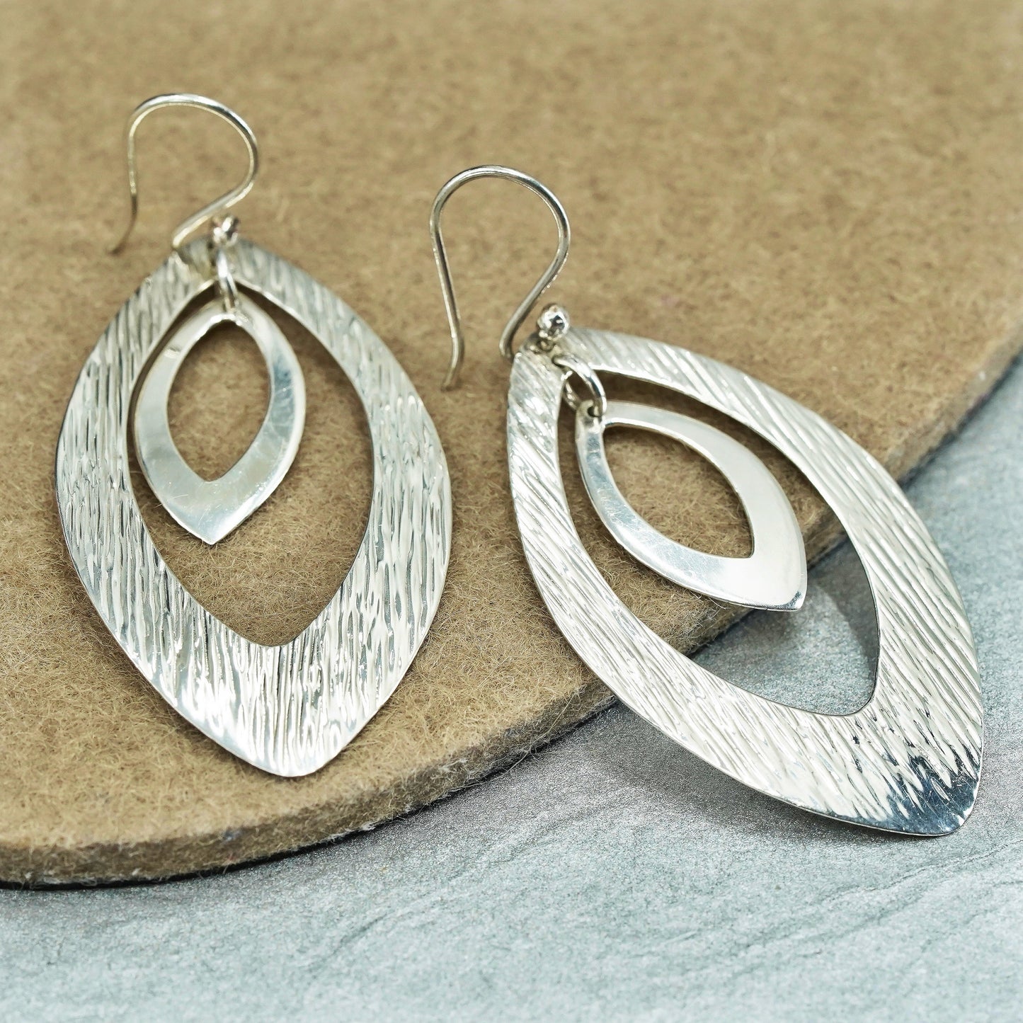 Vintage Sterling 925 silver handmade textured double leaves earrings