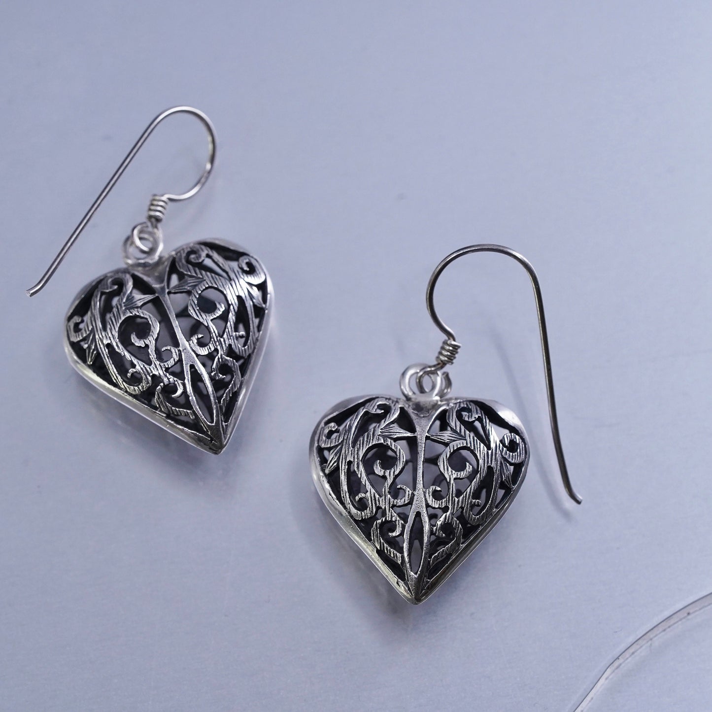 Vintage Sterling 925 silver handmade filigree puffy heart earrings