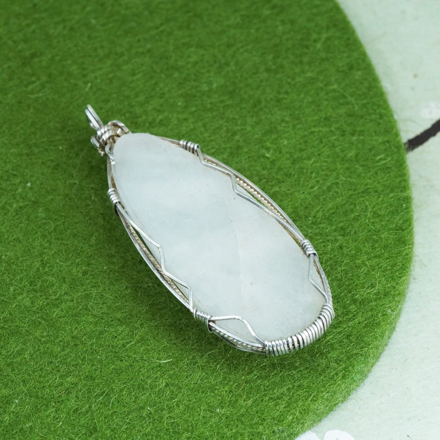 Vintage Sterling silver handmade pendant, 925 silver wired teardrop moonstone