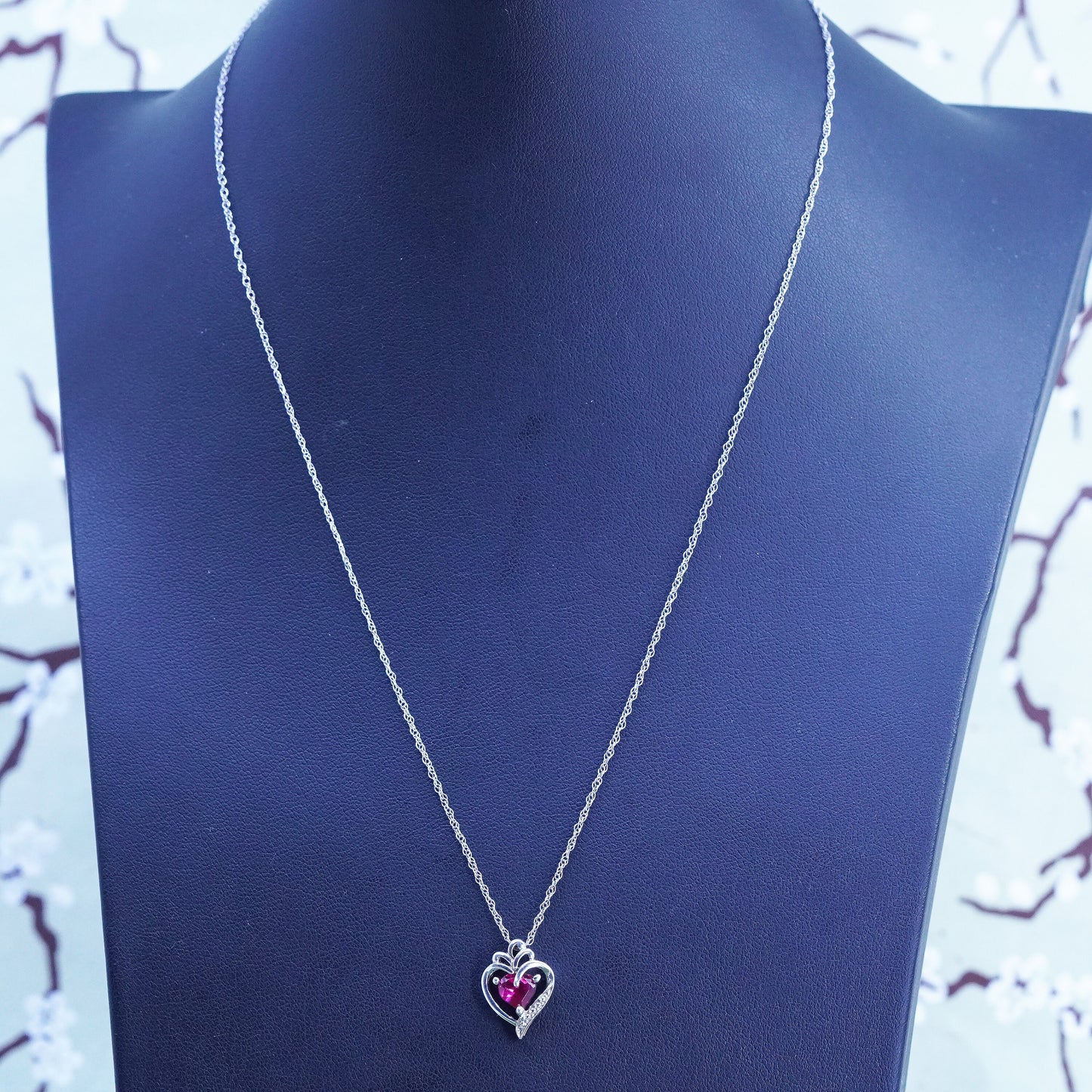 18", sterling silver necklace, 925 Singapore rope chain with ruby heart charms