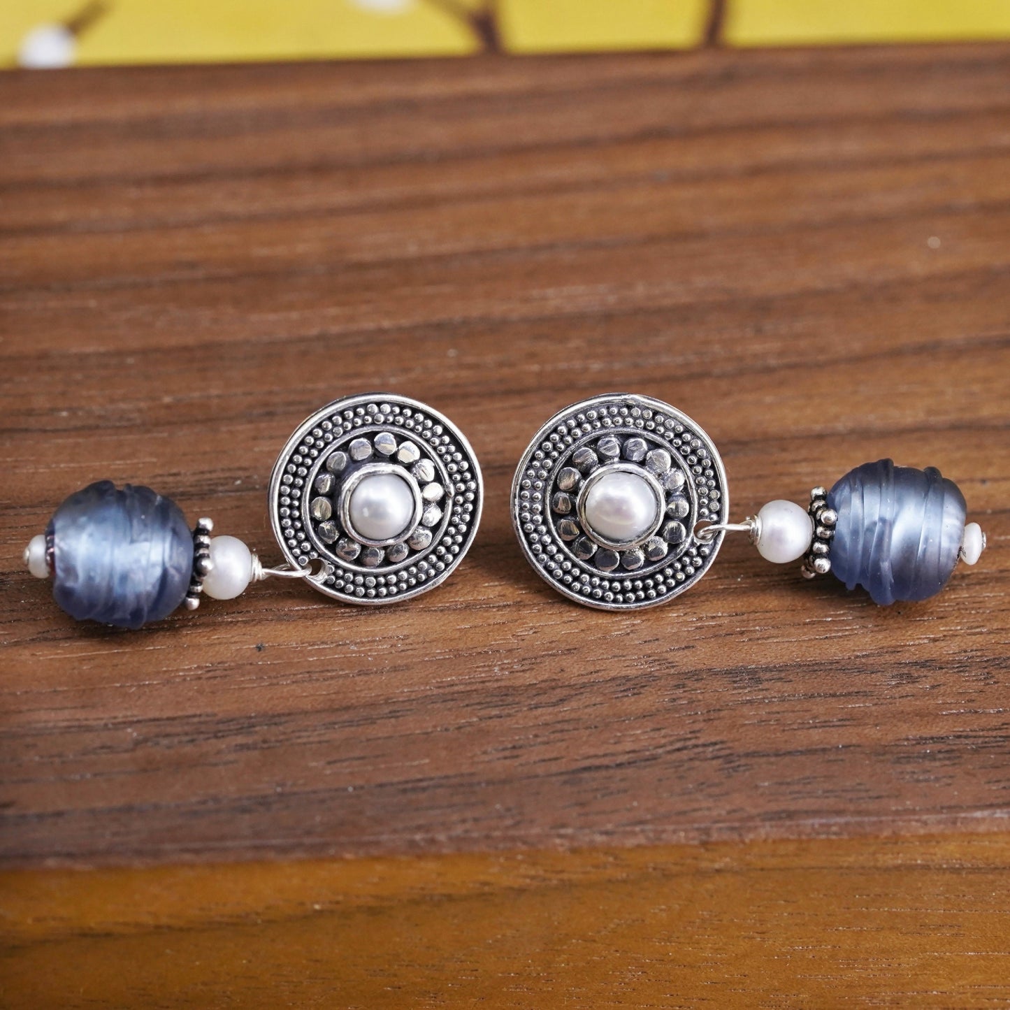 Vintage sterling silver earrings, bali 925 discs with pearl and blue glass bead