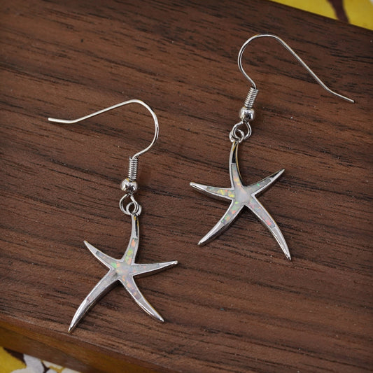 Vintage sterling silver handmade earrings, 925 starfish with opal Inlay