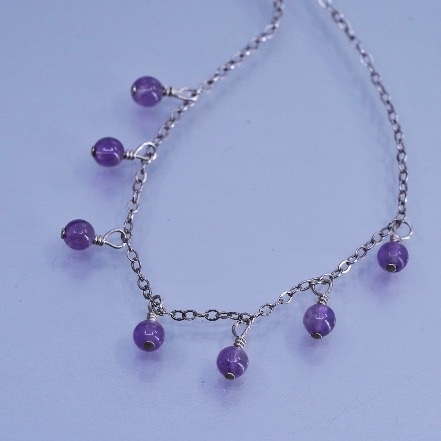 14”, vintage Sterling 925 silver handmade circle chain necklace amethyst beads