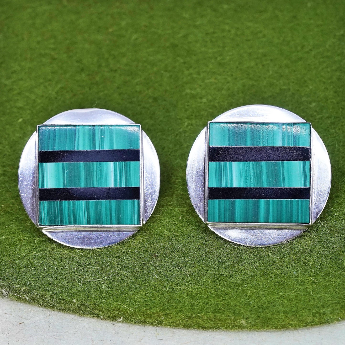 southwestern sterling silver earrings, circle square 925 studs malachite onyx