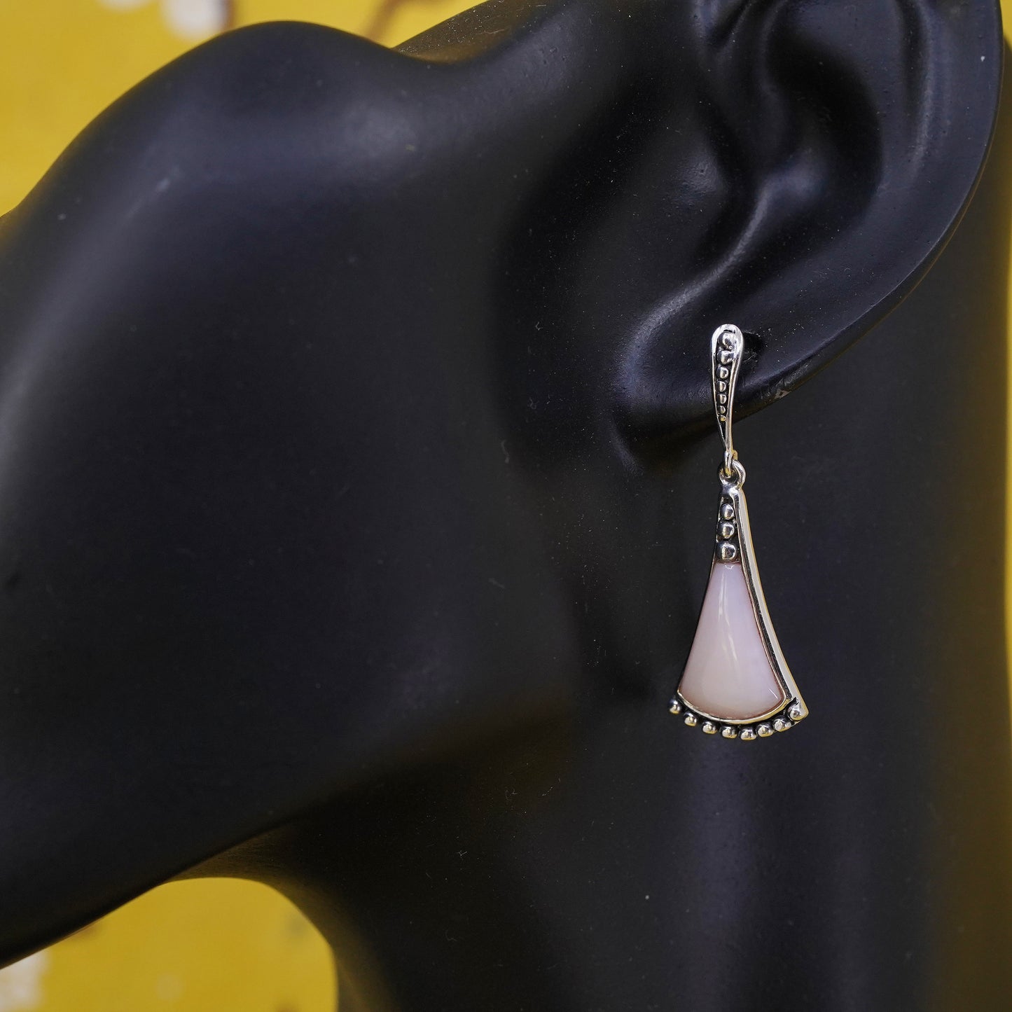 Vintage Sterling 925 silver handmade earrings with teardrop pink rose quartz