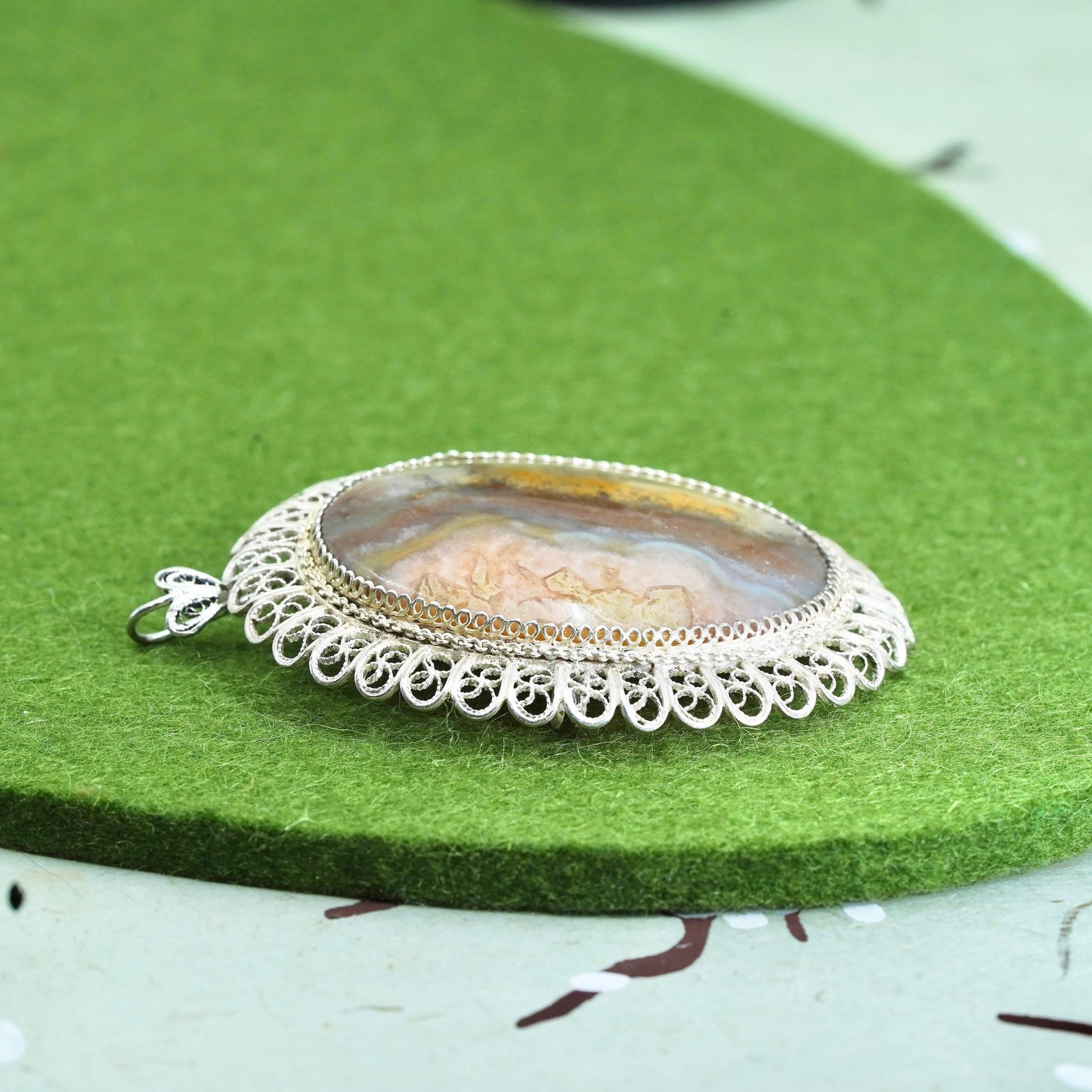 Sterling silver handmade brooch, 900 filigree pendant, oval landscape agate