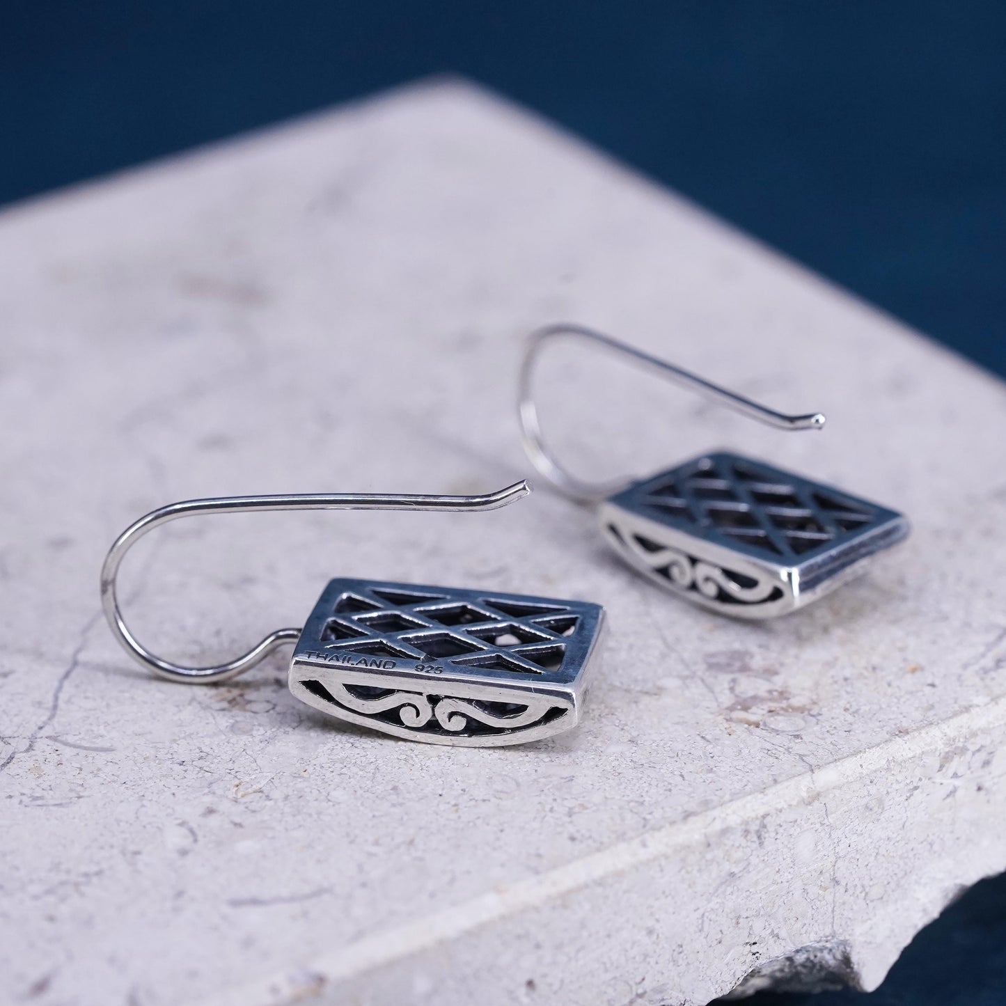 Vintage sterling silver handmade earrings, 925 filigree rectangle drops