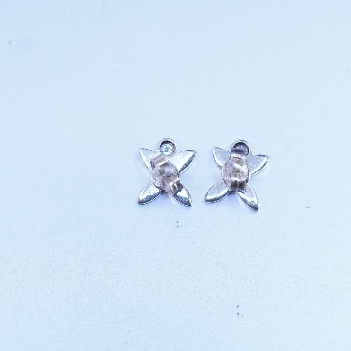 Vintage Sterling 925 silver handmade earrings, butterfly studs with Cz inlay