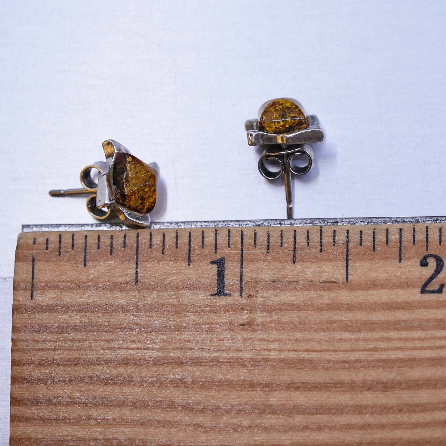 Vintage Sterling 925 silver handmade earrings with square amber studs