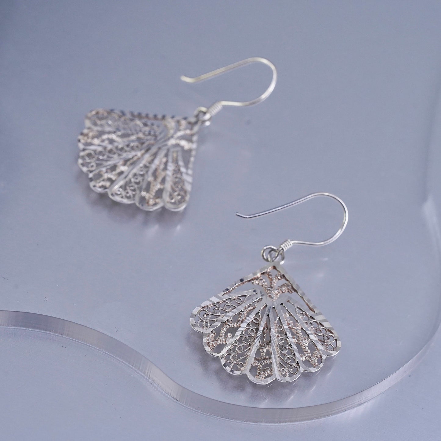 Vintage Sterling 925 silver handmade filigree fan earrings