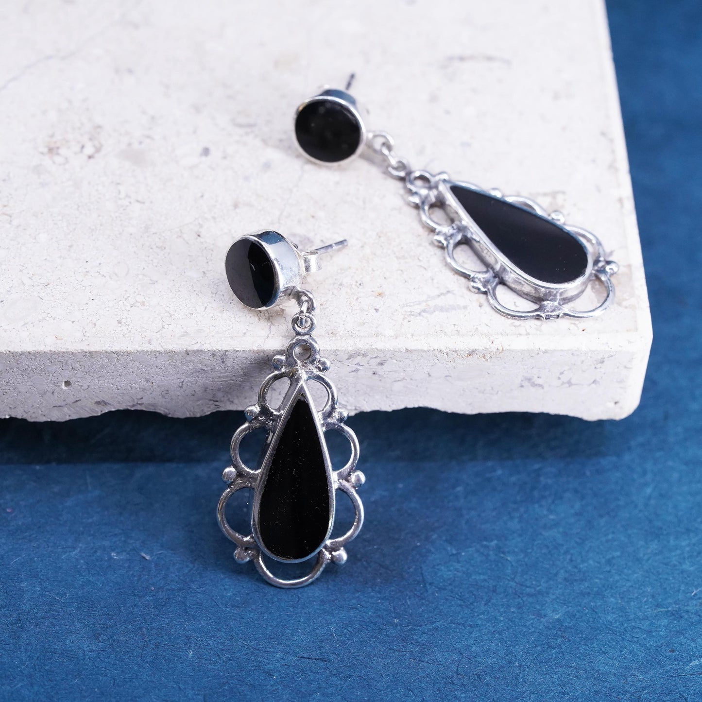 Vintage Sterling Silver 925 handmade earrings with teardrop Black Onyx